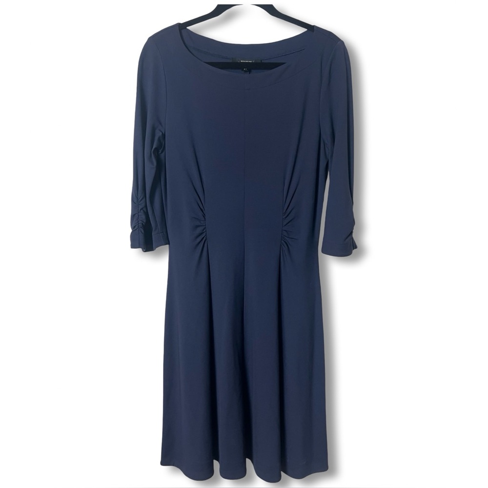 Weekend Max Mara Navy Jersey Ruched Waist 3/4 Sleeve Fit-Flare Midi Dress M